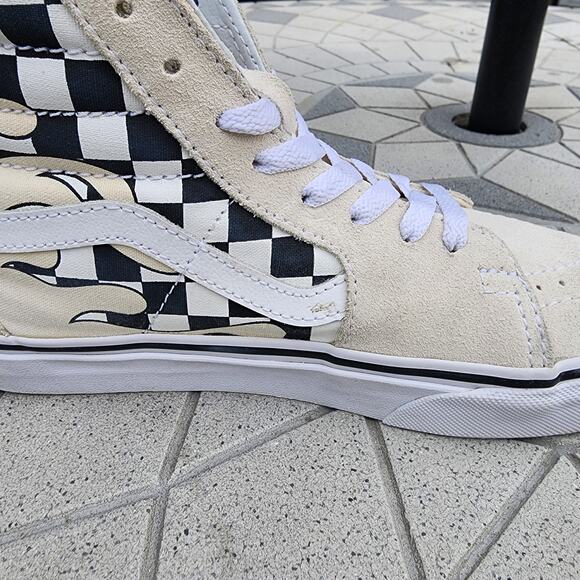 Vans Sk8-Hi Checker Flame Sneakers Off White Black High Top Classic Skate Shoes - Picture 8 of 10
